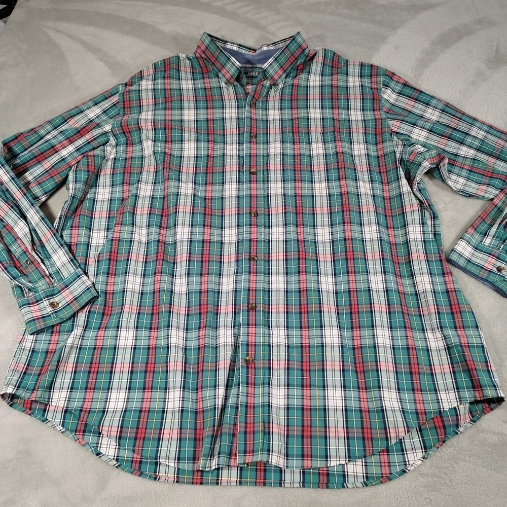 Izod Shirt Men 3XLT Green Plaid Office Nerd Preppy College Dad Classic‎ Long Sl